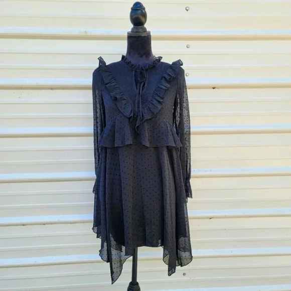 NWT Forever 21 Black Polka Dotted Smock Fitted Mini Dress Ruffle BOhO long Slv S - Picture 1 of 15